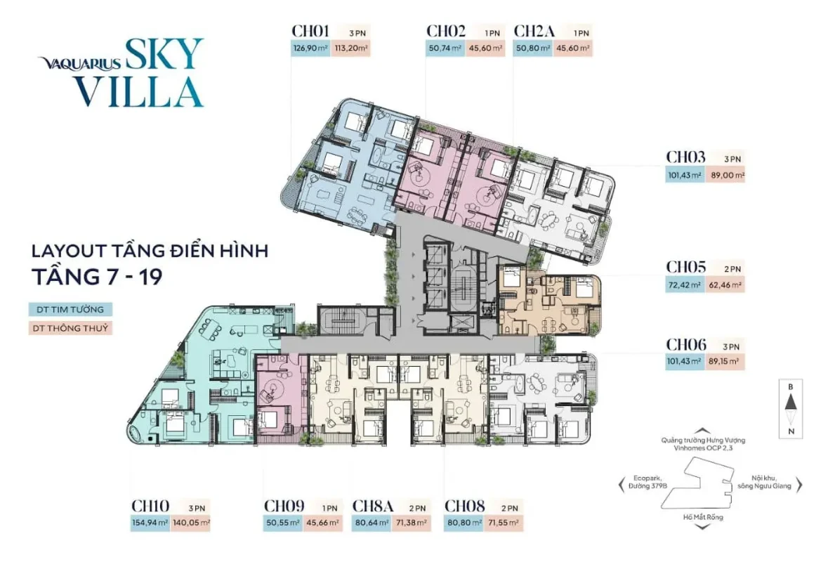 Dự án Vaquarius Văn Giang Hưng Yên | Bảng Giá Chi Tiết Tháng 4/2026 43 Mặt bằng tầng 7 đến tầng 19